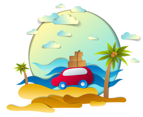 Red car with baggage in scenic seascape with beach and palms, waves, clouds in the sky, paper cut style vector illustration of summer holidays travel and tourism, family or friends. © Sylverarts