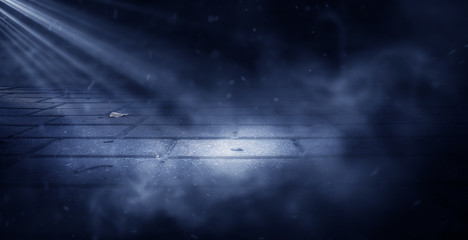 Background of an empty dark room. Empty walls, neon light, smoke, glow