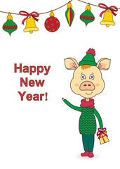 Symbol of 2019-yellow pig in clothes.New Year colorful balls,bells on white backround.