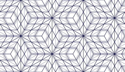 Geometric cubes abstract seamless pattern, 3d vector background. Technology style engineering line drawing endless illustration. Single color, black and white.
