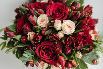 bridal bouquet, bridal bouquet of red roses, wedding day