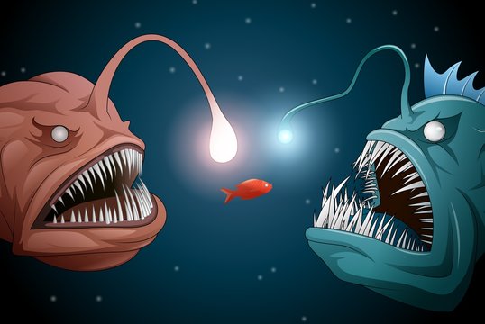 Anglerfish mouth on dark background. Luminous bait and anglerfish teeth. Vector illustration