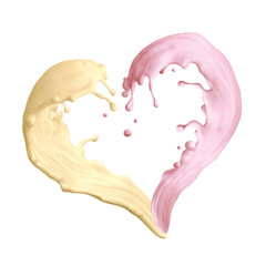 mixed banana strawberry milkshake splashing, liquid splash heart shape, 3d illustration isolated on white