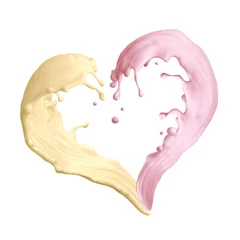 Cercles muraux Milk-shake mixed banana strawberry milkshake splashing, liquid splash heart shape, 3d illustration isolated on white