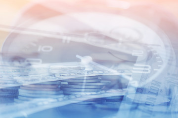 Double exposure Rows of coins of Clock,cash,money, dollar on the table,finance and business concept,Tex time soft focus and blurred style,dark tone.