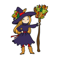 Cute little witch with a broom. Vector illustration.