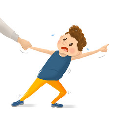 Parent drags child by the hand. Terrible twos. Child has temper tantrum.