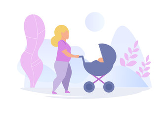 Pregnant woman walking with baby in stroller Vector. Cartoon. Isolated art on white background.
