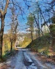 Hand drawing watercolor art on canvas. Artistic big print. Original modern painting. Acrylic dry brush background. Beautiful mountain landscape. Wonderful wild nature view. Traveling resort.