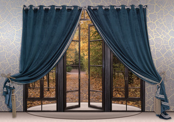 Blue velvet curtains are adorn the doorway in the hallway. A view through the open doors to the...