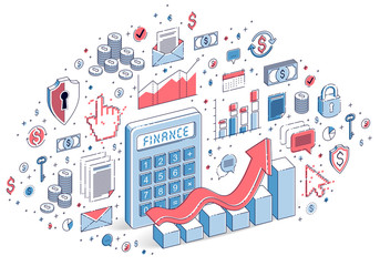 Calculator with earnings growth chart isolated on white background, financial concept. 3d vector business isometric illustration with icons, stats charts and design elements.