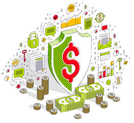 Protection of finances concept, Life Buoy and Shield with cash money dollar stack isolated on white background. Isometric 3d vector finance illustration with icons, stats charts and design elements.