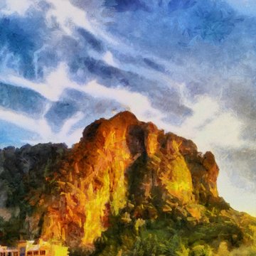 Hand drawing watercolor art on canvas. Artistic big print. Original modern painting. Acrylic dry brush background. Beautiful mountain landscape. Wonderful wild nature view. Traveling resort.