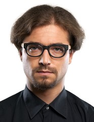 Portrait of young businessman in black shirt isolated on white