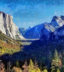 Hand drawing watercolor art on canvas. Artistic big print. Original modern painting. Acrylic dry brush background. Beautiful mountain landscape. Wonderful wild nature view. Traveling resort.