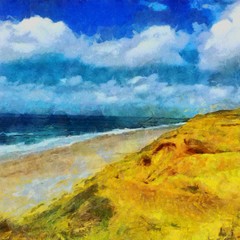Hand drawing watercolor art on canvas. Artistic big print. Original modern painting. Acrylic dry brush background. Beautiful sea beach landscape. Bright blue sky. Tropical exotic resort.