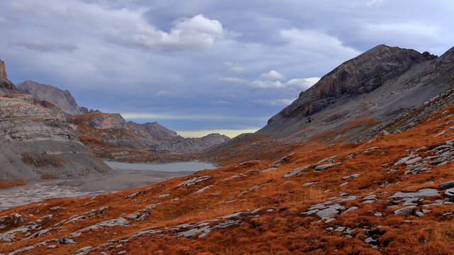 Autumn in the Swiss Alps. Gemmi Pass (2,270 m / 7,448 ft) near Leukerbad, canton of Valais, Switzerland.