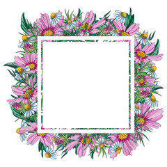 Watercolor floral frames with wild flowers and leaves. Flowers frame template. Design for invitations and postcards.