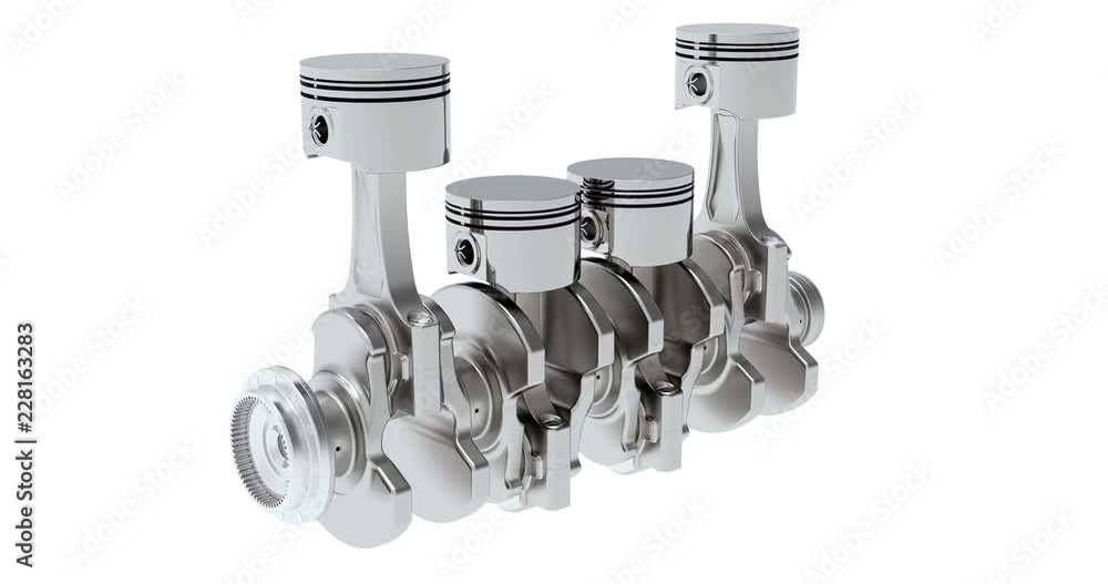 Poster straight-four engine in motion, animation. 3d rendering isolated on white background