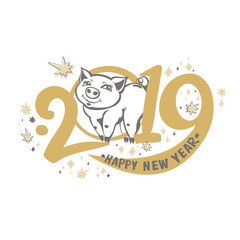 Year of the Pig 2019. Christmas template with a cute pig in 2019 and stars. Vector pattern New Year's design on the Chinese calendar. 