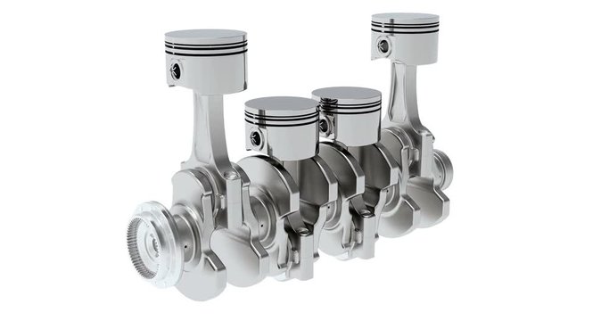 Straight-four engine in motion, animation. 3D rendering isolated on white background