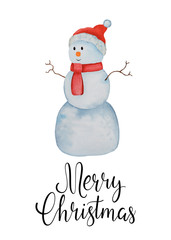 Fototapeta na wymiar Christmas greeting card. Watercolor Snowman in sweater holding Christmas card. Merry Christmas handrawn lettering