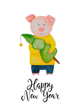 Christmas greeting card. Watercolor Pig in sweater holding Christmas card. 2019 Chinese New Year of the Pig.