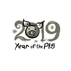 Year of the Pig 2019. Card with cute piglet head and 2019. Funny hand drawn illustration. Vector template New Year's design. 
