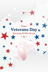 Fototapeta na wymiar Veterans Day. Greeting card with font inscription on a starry background and balloons in the form of hearts. National American holiday event. Flat vector illustration EPS10