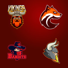Set of modern professional logo for sport team. Vikings, bandits, foxes mascot Vector symbol on a dark background