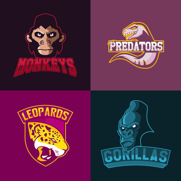 Set of modern professional logo for sport team. Monkeys predators leopards gorillas mascot Vector symbol
