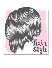 Vector hand drawn illustration of a female head with a short haircut. Glamor illustration for printing on T-shirts, cards, flyers. Women's haircut on curly hair of medium length with inscription