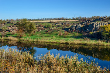 Beautiful scenery of the river. Valley of the Kamyanka River in the Dnipropetrovsk region, Ukraine.