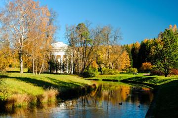 Beautiful autumn sunny landscape in Pavlovsk park with the Slavyanka river, orange leaves and the Temple of Friendship behind the trees, Pavlovsk, St. Petersburg.