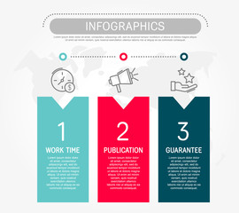 Modern flat vector illustration. Template infographics with three elements, rectangles. Contains text and icons. Designed for business, presentations, web design, diagrams with 3 steps