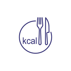 Kcal line icon. Fork, knife and plate drawing with kcal inscription. Diet concept. Vector illustration can be used for topics like healthy cooking, diet, lifestyle