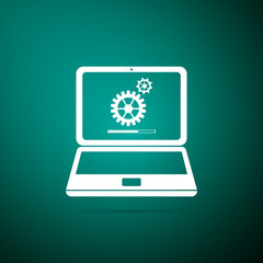 Laptop update process with gearbox progress and loading bar icon isolated on green background. System software update. Loading process in laptop screen. Flat design. Vector Illustration