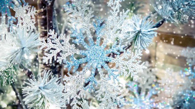 Transparent Snowflake Decor New Year Christmas Decoration, Christmas tree branch green spruce needles, Christmas-tree toys, snow snowfall snowstorm snowflakes. Winter Christmas New Year background
