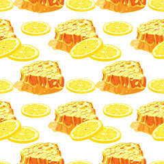 Lemon and honeycomb seamless pattern. Citrus fruit and honey  background. Elements for menu, greeting cards, wrapping paper, cosmetics packaging, posters etc