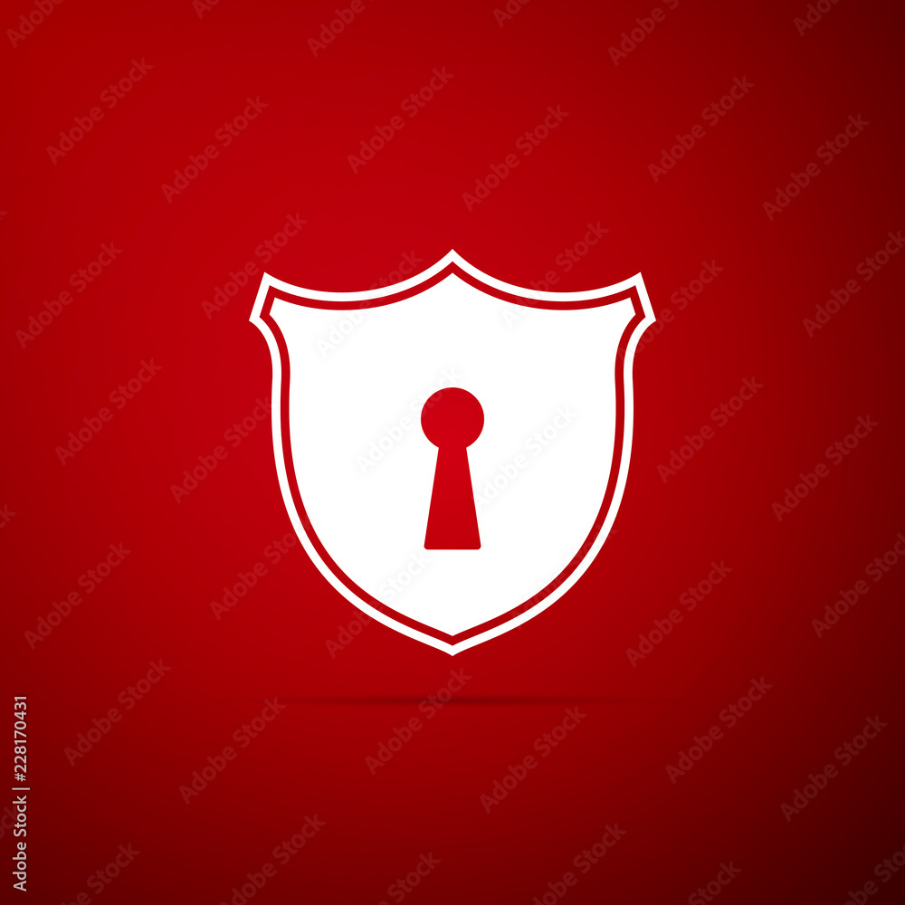 Poster shield with keyhole icon isolated on red background. protection and security concept. safety badge i