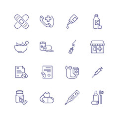 Health care line icon set. Drugstore, pills, syringe. Medicine concept. Can be used for topics like emergency, first aid, medical help
