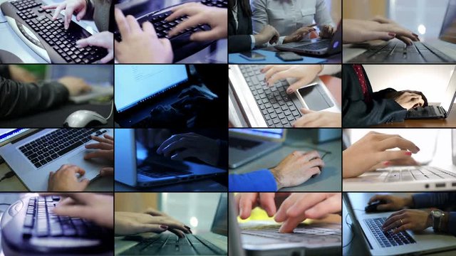 Composition of business,technology. hands typing on computers