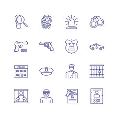 Policing line icon set. Policeman, gun, prison. Law concept. Can be used for topics like justice, punishment, investigation