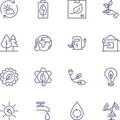 Recycling line icon set. Forest, car charge station, water resource. Ecology concept. Can be used for topics like environment protection, sustainable development, alternative fuel