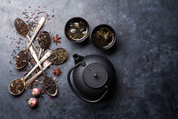 Various tea and teapot. Black, green and red tea