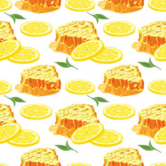 Lemon and honeycomb seamless pattern. Citrus fruit and honey  background. Elements for menu, greeting cards, wrapping paper, cosmetics packaging, posters etc