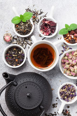 Various tea and teapot. Black, green and red tea