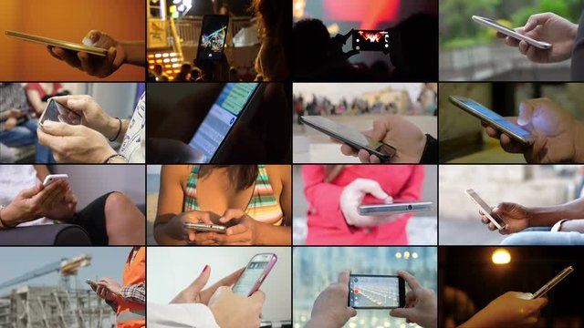 Multi Screen Technology Devices Being Used. hands using smartphones