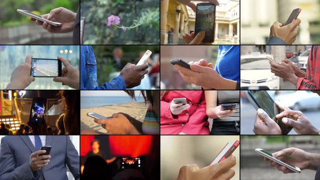 Multiscreen of technology,people,communication. Hands typing on smartphone