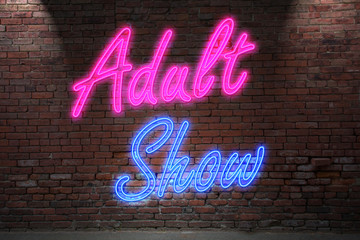 Neon Adult Show Lettering on Brick Wall